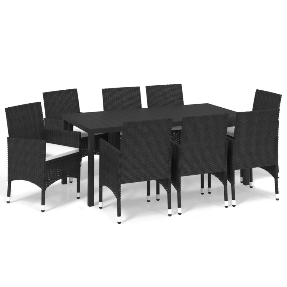 Set mobilier de grădină cu perne, 9 piese, negru, poliratan - 1 | YEO