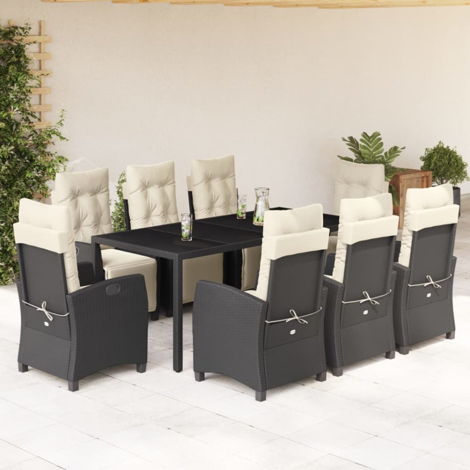 Set mobilier de grădină cu perne, 9 piese, negru, poliratan