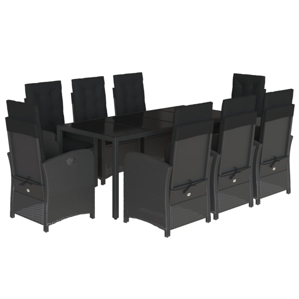 Set mobilier de grădină cu perne, 9 piese, negru, poliratan - 1 | YEO