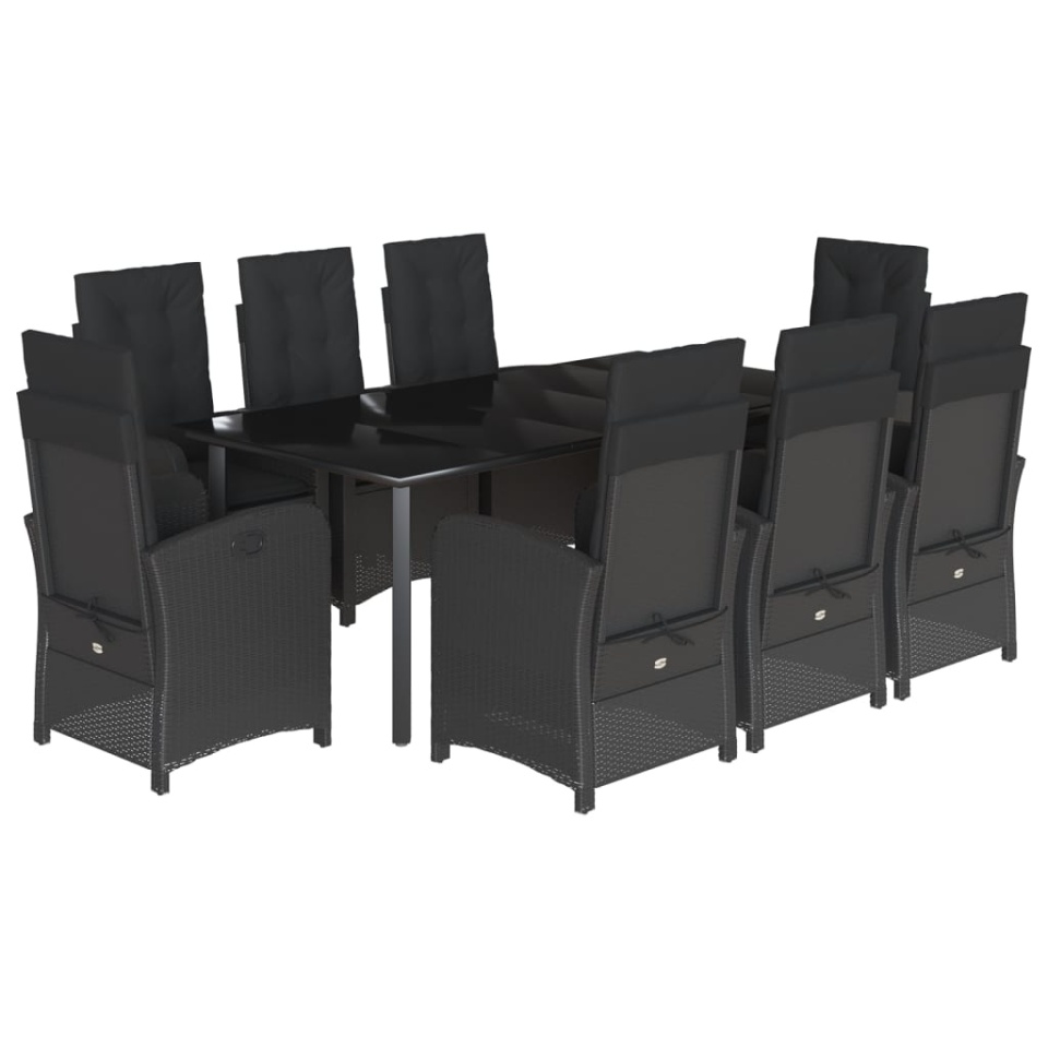 Set mobilier de grădină cu perne, 9 piese, negru, poliratan - 1 | YEO