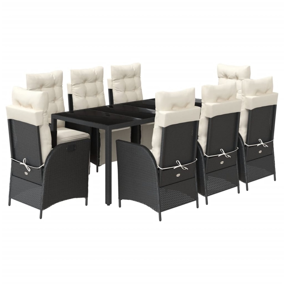 Set mobilier de grădină cu perne, 9 piese, negru, poliratan - 1 | YEO
