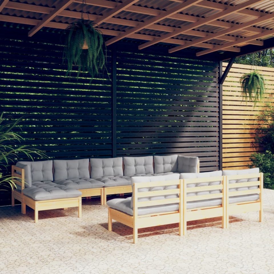 Set mobilier de grădină cu perne gri 10 piese lemn masiv de pin