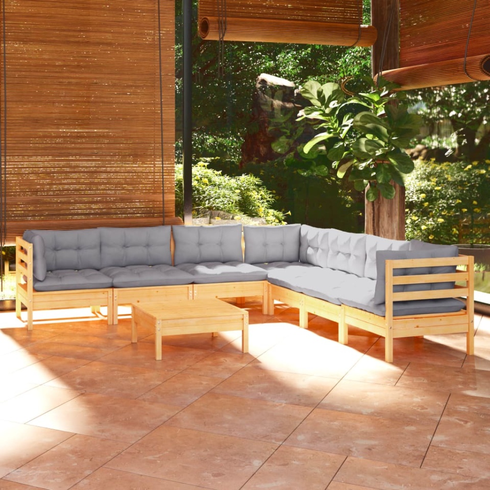 Set mobilier de grădină cu perne gri, 8 piese, lemn masiv pin