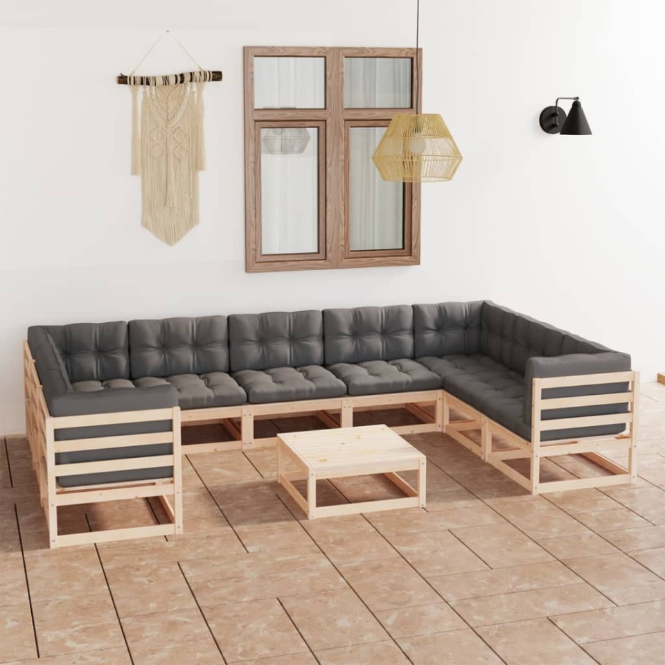 Set mobilier grădină cu perne, 10 piese, lemn masiv de pin