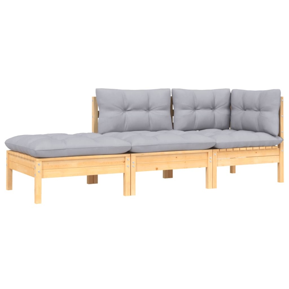 Set mobilier grădină cu perne, 3 piese, gri, lemn masiv pin - 1 | YEO