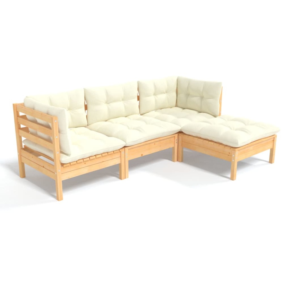 Set mobilier grădină cu perne, 4 piese, crem, lemn de pin - 1 | YEO