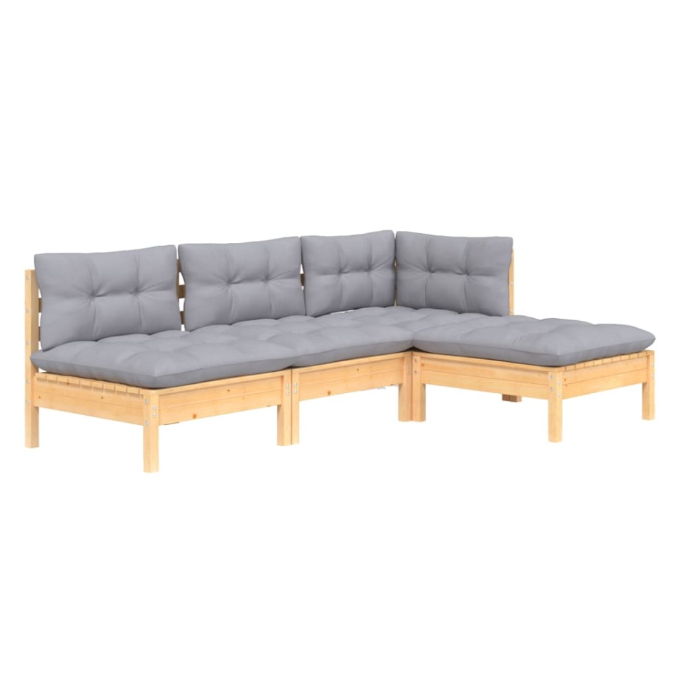 Set mobilier grădină cu perne, 4 piese, gri, lemn de pin - 2 | YEO