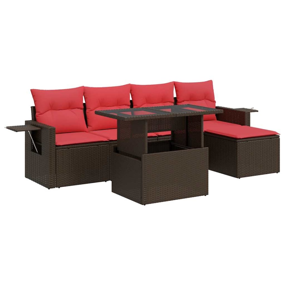 Set mobilier grădină cu perne 6 piese gri poliratan/lemn acacia - 1 | YEO