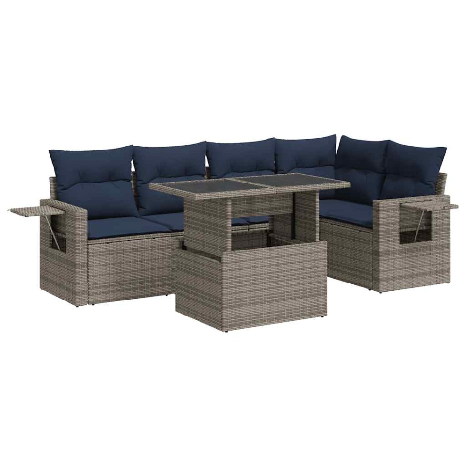 Set mobilier grădină cu perne 6 piese gri poliratan/lemn acacia - 1 | YEO
