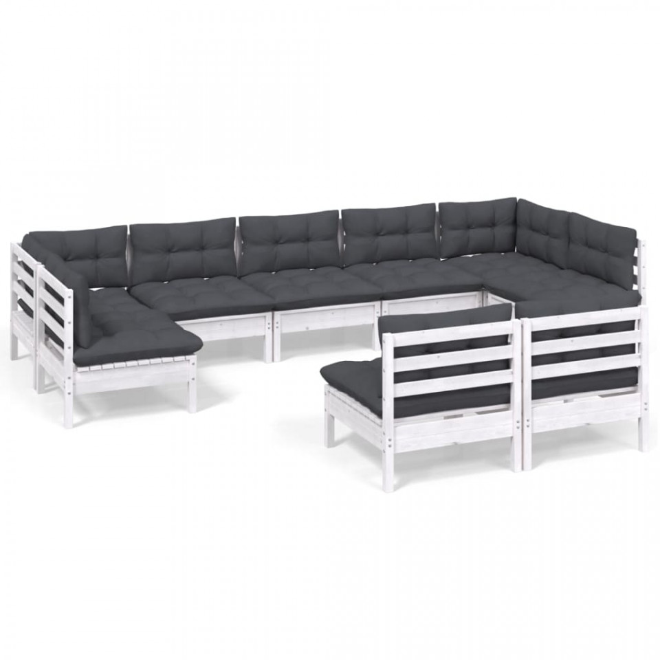 Set mobilier grădină cu perne, 9 piese, alb, lemn masiv pin - 1 | YEO