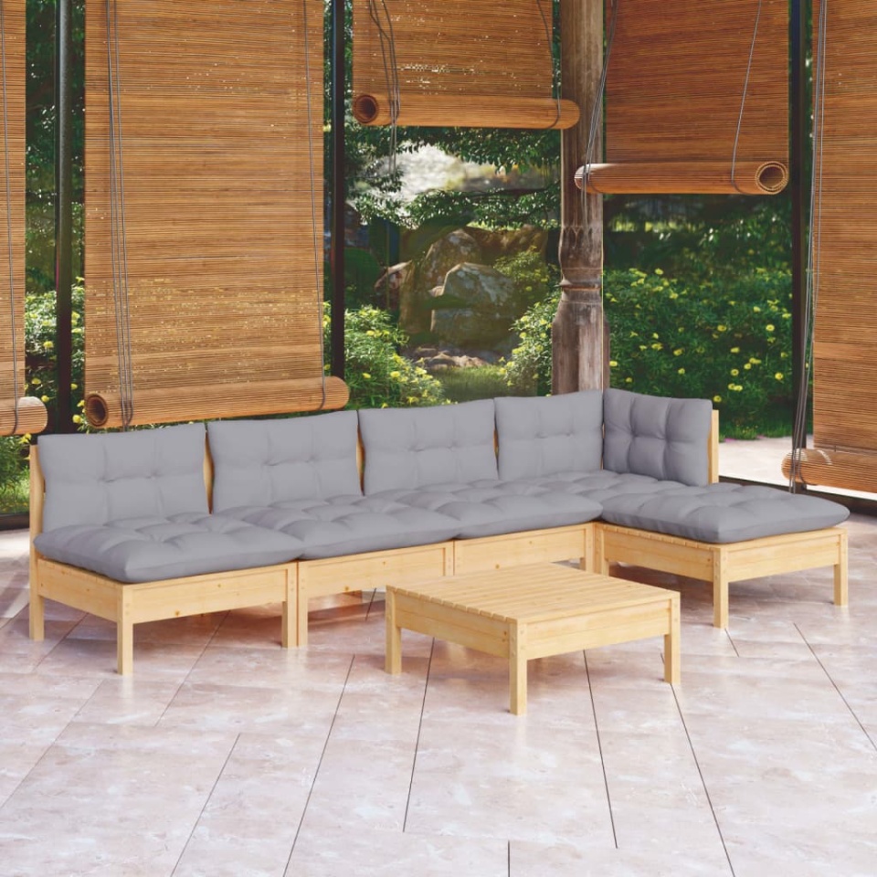 Set mobilier grădină cu perne gri, 6 piese, lemn de pin