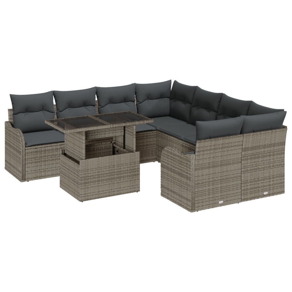 Set sofa 9 piese grădină cu perne gri poliratan , Sofa grădină 2 locuri cu perne gri poliratan - 1 | YEO