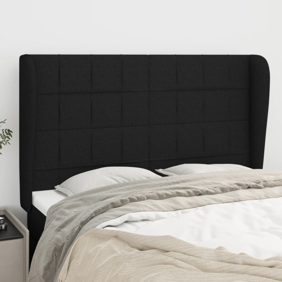 Tăblie de pat cu aripioare, negru, 147x23x118/128 cm, textil