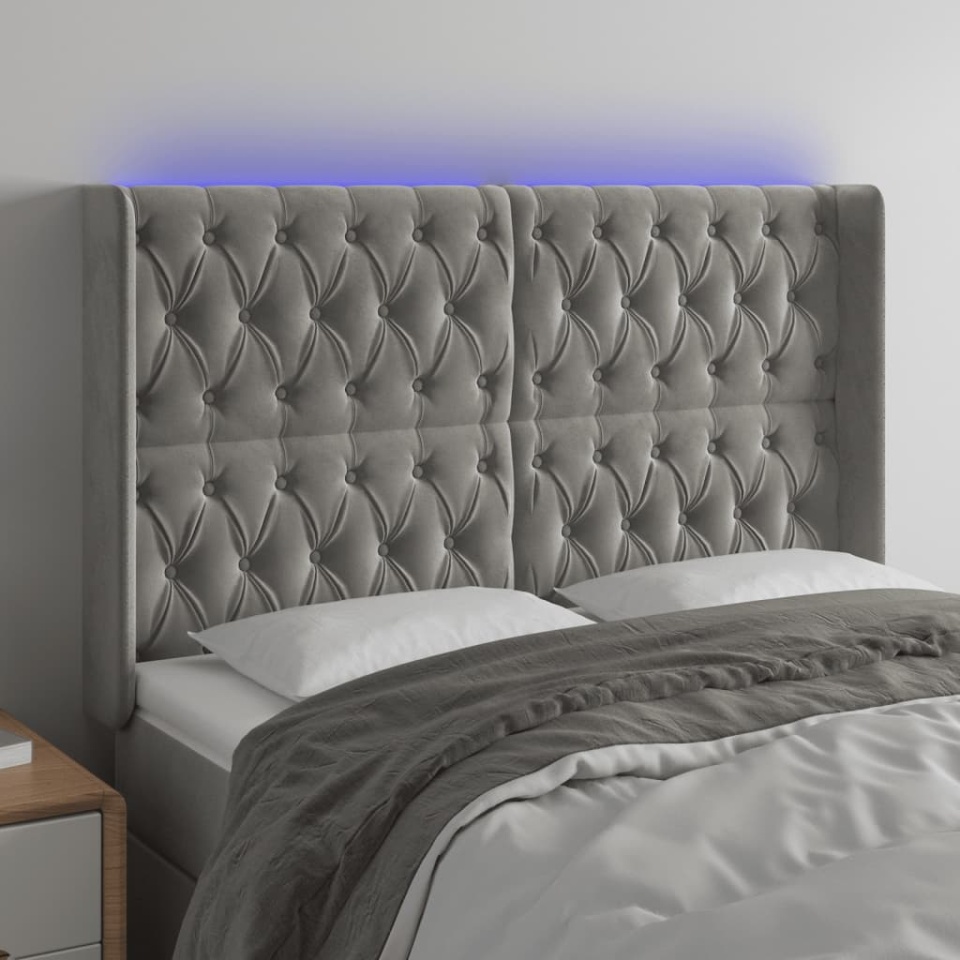 Tăblie de pat cu LED, gri deschis, 147x16x118/128 cm, catifea