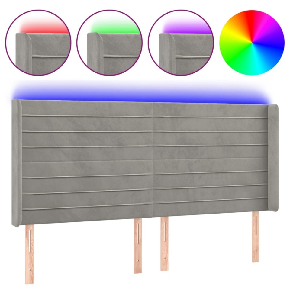 Tăblie de pat cu LED, gri deschis, 183x16x118/128 cm, catifea - 1 | YEO