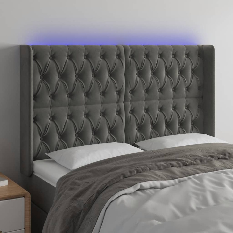 Tăblie de pat cu LED, gri închis, 147x16x118/128 cm, catifea