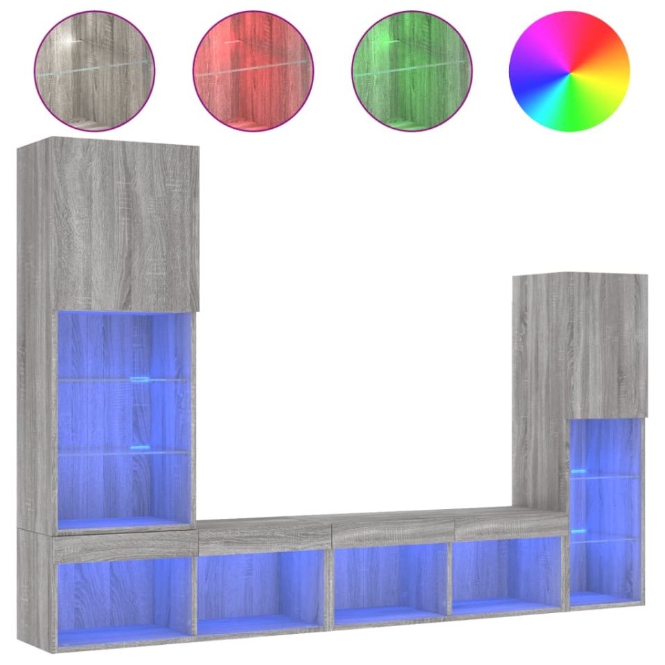 Unități de perete TV cu LED-uri, 4 piese, gri sonoma, lemn - 1 | YEO