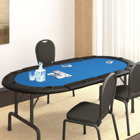 Blat masă de poker, 10 jucători, pliabil, albastru 208x106x3 cm