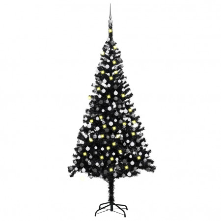 Brad Crăciun pre-iluminat cu set globuri, negru, 240 cm, PVC