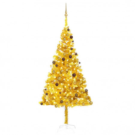 Brad de Crăciun pre-iluminat cu set globuri, auriu, 240 cm, PET - Img 1