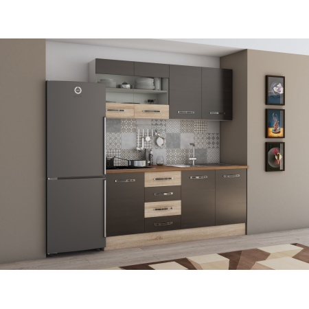 Bucatarie alfa cu vitrina 180 cm, wenge / sonoma, blat termic nuc