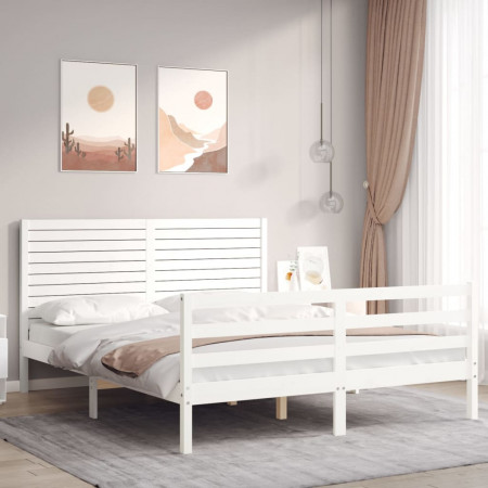 Cadru de pat cu tăblie, alb, king size, lemn masiv - Img 1