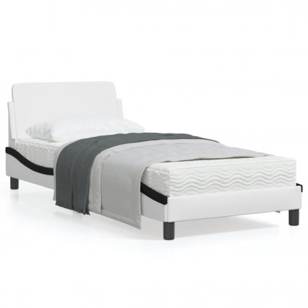 Cadru de pat cu tăblie, alb și negru, 90x200 cm piele ecologică