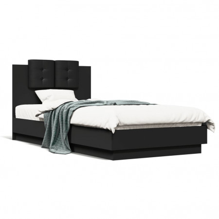 Cadru de pat cu tăblie și lumini LED, negru, 75x190 cm