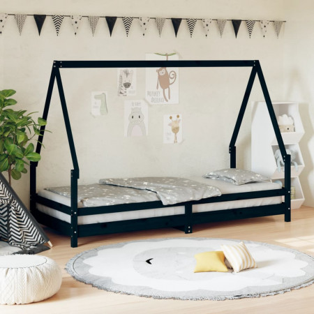 Cadru de pat pentru copii, negru, 80x200 cm, lemn masiv de pin - Img 1