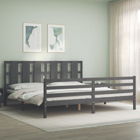 Cadru pat cu tăblie 200x200 cm, gri, lemn masiv