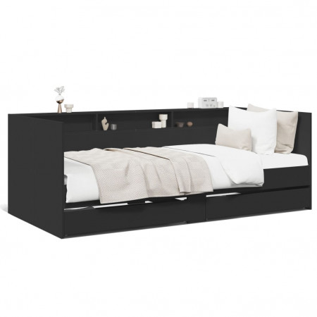 Cadru pat de zi cu sertare, negru, 90x200 cm, lemn prelucrat
