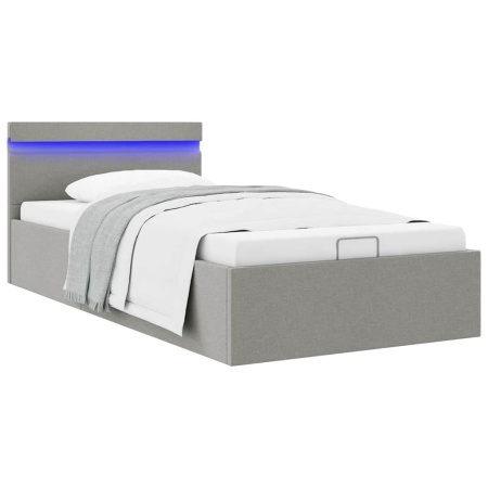 Cadru pat hidraulic cu ladă LED gri deschis 90x200 cm textil