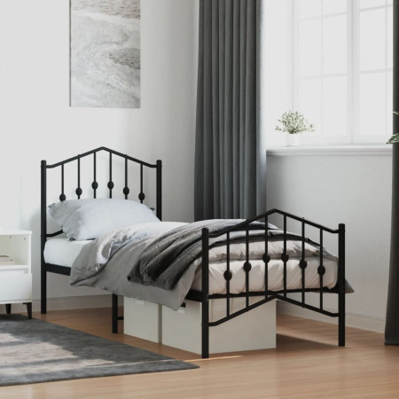 Cadru pat metalic cu tăblii de cap/picioare , negru, 75x190 cm