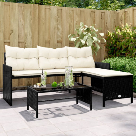 Canapea de grădină cu masă/perne, formă de L, poliratan negru