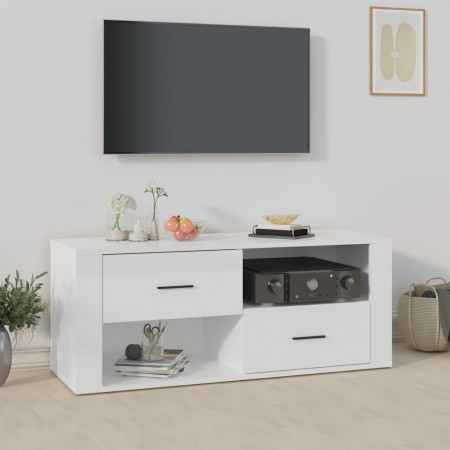 Comodă TV, alb extralucios, 100x35x40 cm, lemn prelucrat