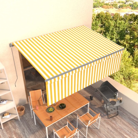 Copertină retractabilă manual cu stor, galben&alb, 4x3 m