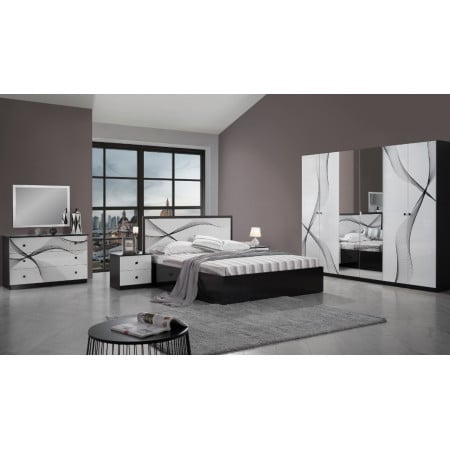 Dormitor matrix, alb/negru lucios, dulap 260 cm, pat 160x200, 2 noptiere, comoda