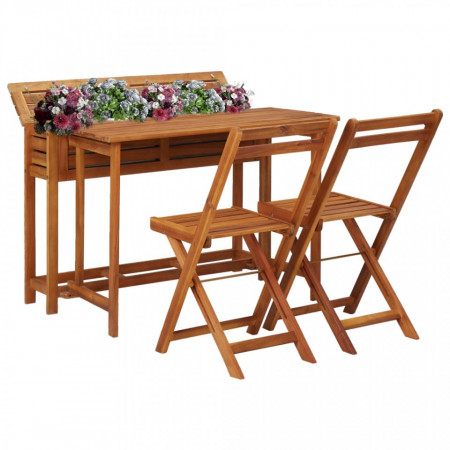 Masă cu jardinieră de balcon cu 2 scaune bistro, lemn de acacia