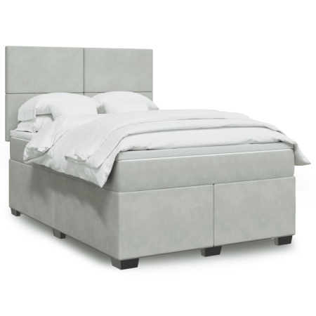 Pat box spring cu saltea, gri deschis, 160x200 cm, catifea - Img 1
