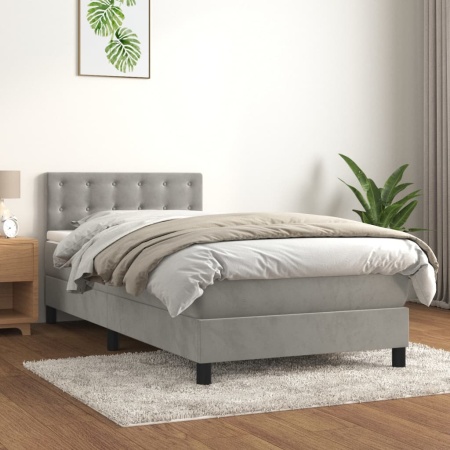 Pat box spring cu saltea, gri deschis, 80x200 cm, catifea