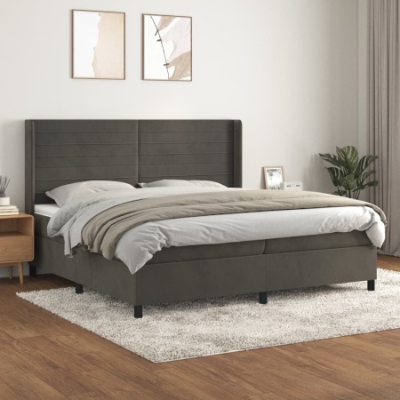 Pat box spring cu saltea, gri închis, 200x200 cm, catifea