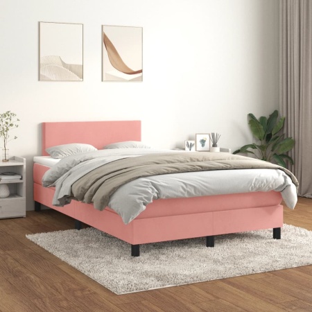 Pat box spring cu saltea, roz, 120x200 cm, catifea - Img 1