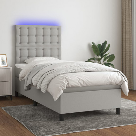 Pat cu arcuri, saltea și LED, gri deschis, 90x190 cm, textil