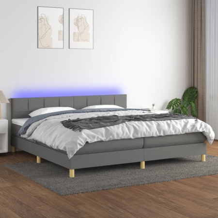 Pat cu arcuri, saltea și LED, gri închis, 200x200 cm, textil - Img 1