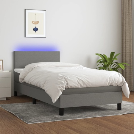 Pat cu arcuri, saltea și LED, gri închis, 90x190 cm, textil - Img 1