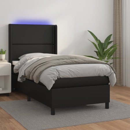 Pat cu arcuri, saltea și LED, negru, 100x200cm, piele ecologică - Img 1