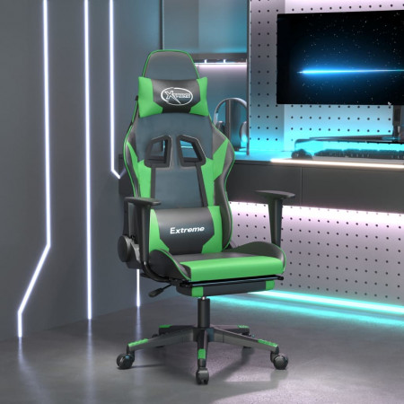 Scaun de gaming cu suport picioare negru/verde, piele ecologică - Img 1