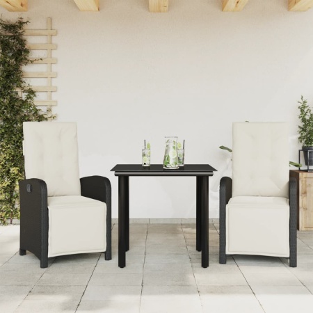 Set bistro cu perne, 3 piese, negru, poliratan