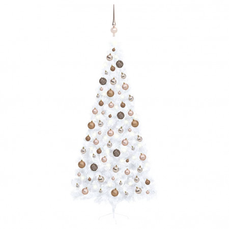 Set brad Crăciun artificial jumătate cu LED&globuri alb 240 cm