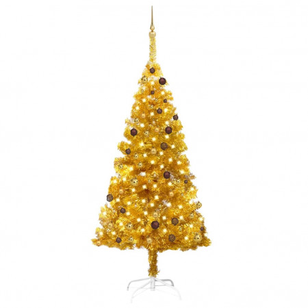 Set brad de Crăciun artificial cu LED&globuri auriu 210 cm PET